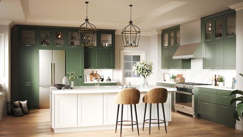 Diese Küche von Häcker kombiniert due grüne Trendfarbe mit weiß. Ungewöhnlich sind die bis an die Decke reichenden Oberschränke. 