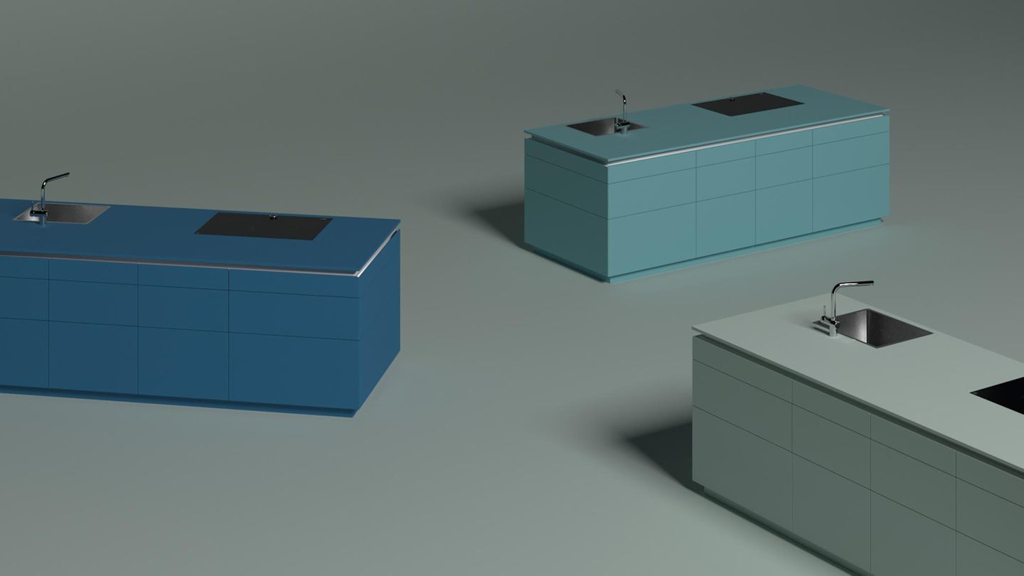 Grün und Blau vermöbelt  Matte grüne und blaue Töne sind derzeit angesagte Farben. Wer es heller mag greift zum Salbei oder Mittelblau, wenn der Raum dunklere Farben verträgt, können Waldgrün oder Fjodblau echte Hingucker sein. Tiefes Blau wird in Kombination mit hellem Holz zum Beispiel als Arbeitsplatte elegant und rustikal zugleich. Helles Grün wiederum versteht sich gut mit dunklem und grauem Stein.
