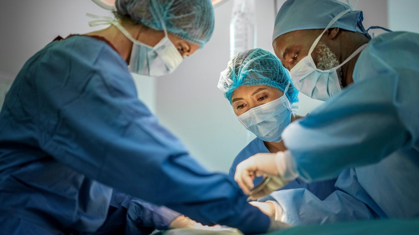 Chirurg und Chirurgin operieren eine Hernie