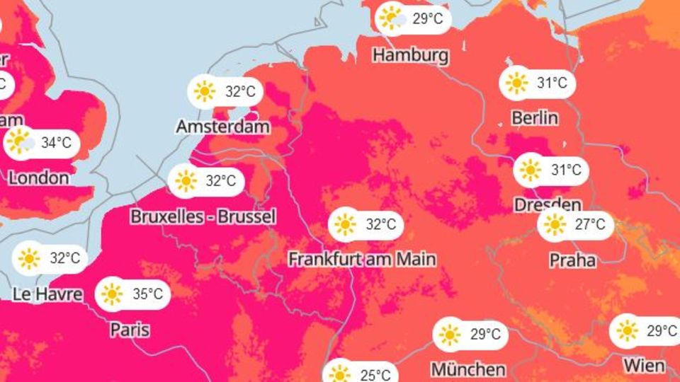 Eine Karte zeigt die Hitze in Deutschland