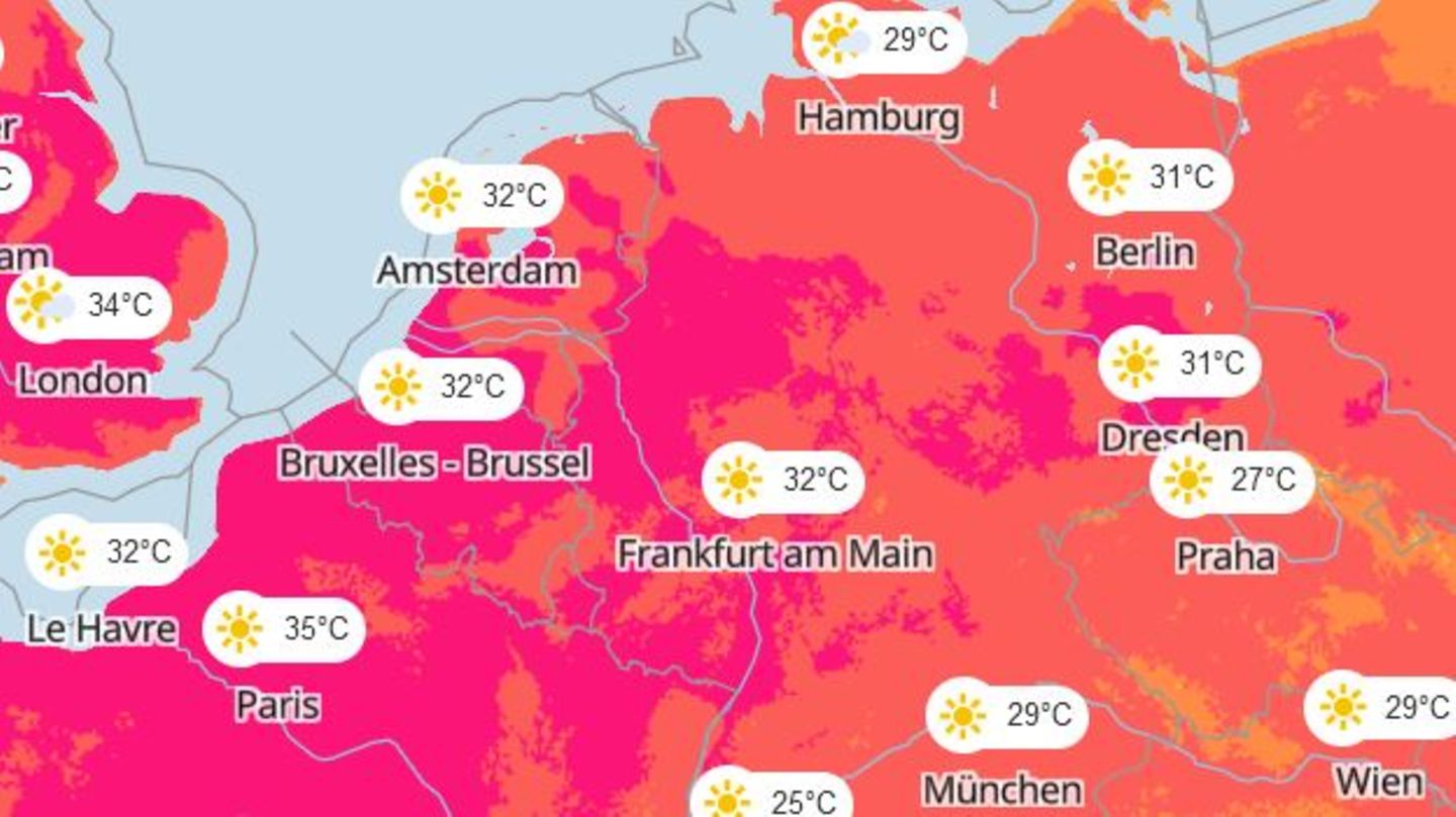 Eine Karte zeigt die Hitze in Deutschland