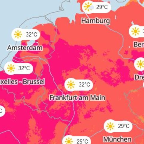 Eine Karte zeigt die Hitze in Deutschland
