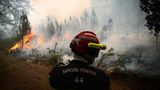 Gironde, Frankreich. Ein Feuerwehrmann kämpft gegen die Flammen