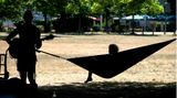 Ein Plätzchen im Schatten – und dann auch noch mit Hängematte – ist auch nicht zu verachten – wie hier im Clara-Zetkin-Park in Leipzig, Sachsen. Dazu noch ein kleines Ständchen auf der Gitarre ...