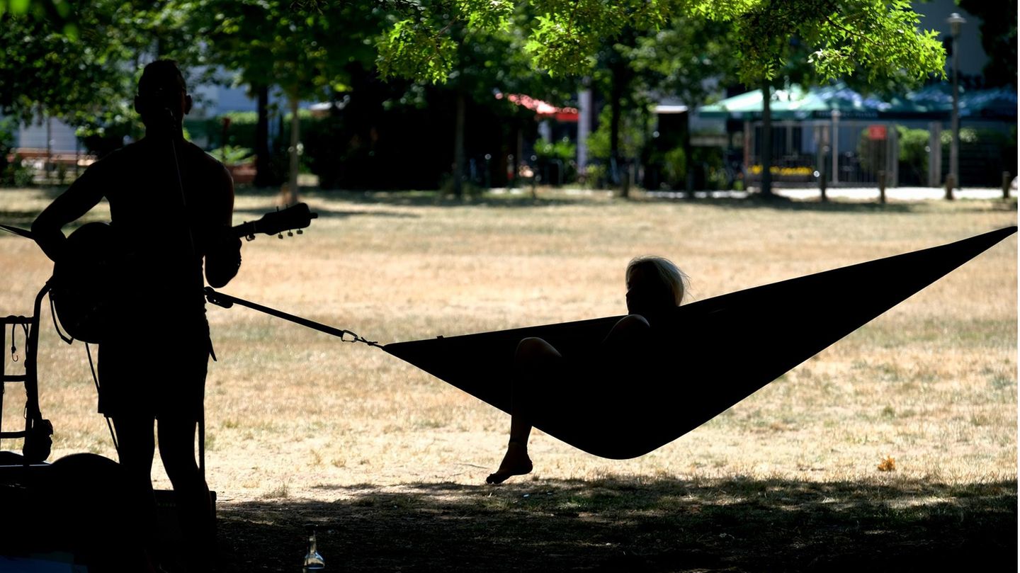 Ein Plätzchen im Schatten – und dann auch noch mit Hängematte – ist auch nicht zu verachten – wie hier im Clara-Zetkin-Park in Leipzig, Sachsen. Dazu noch ein kleines Ständchen auf der Gitarre ...