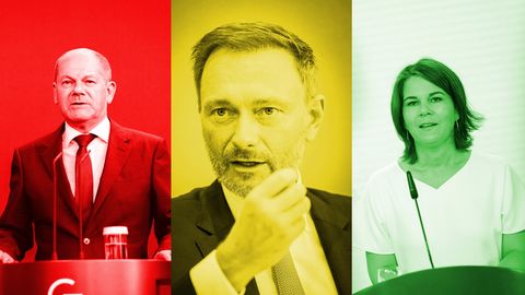 Porträts von Olaf Scholz, Christian Lindner und Annalena Baerbock in den Farben der Ampel-Regierung