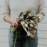 Eine Frau hält einen Strauß Tulpen in der Hand.