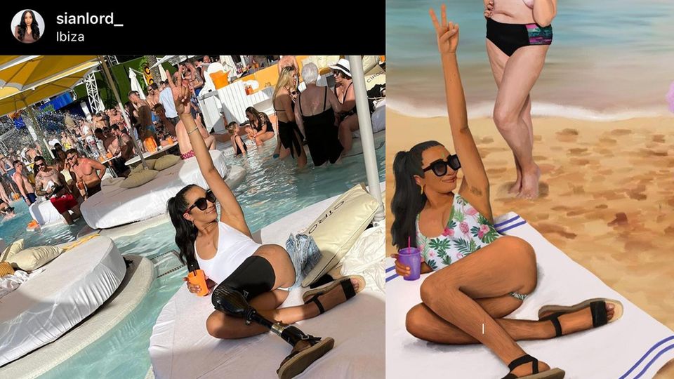 "Der Sommer gehört uns": links das Originalbild mit Prothese, rechts das Design von Arte Mapache links das Originalbild mit Prothese, rechts das Design von Arte Mapache