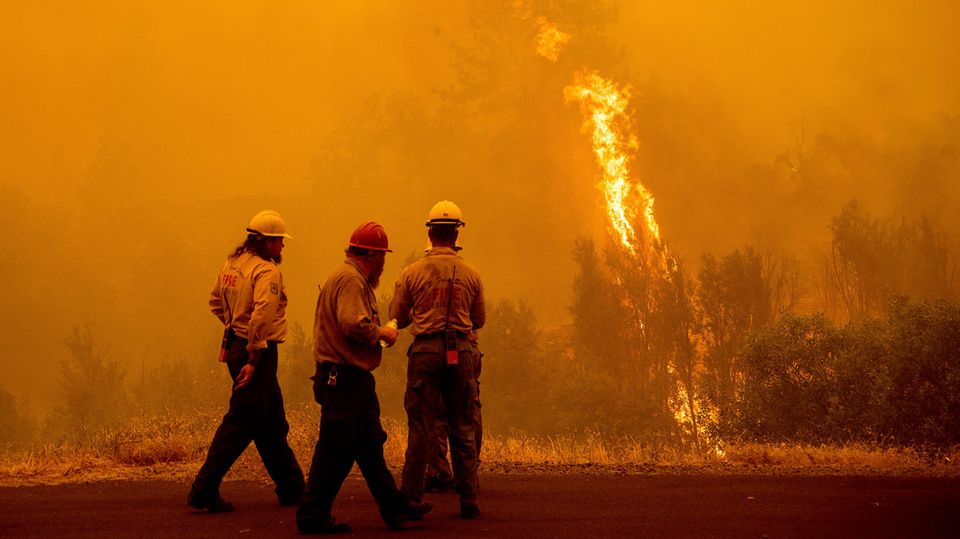 Feuerwehrleute stehen vor den Flammen des McKinney-Feuers im Klamath National Forest in Kalifornien