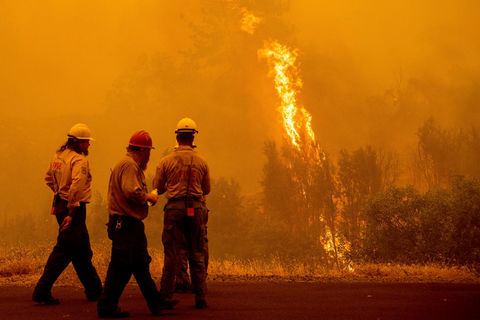 Feuerwehrleute stehen vor den Flammen des McKinney-Feuers im Klamath National Forest in Kalifornien