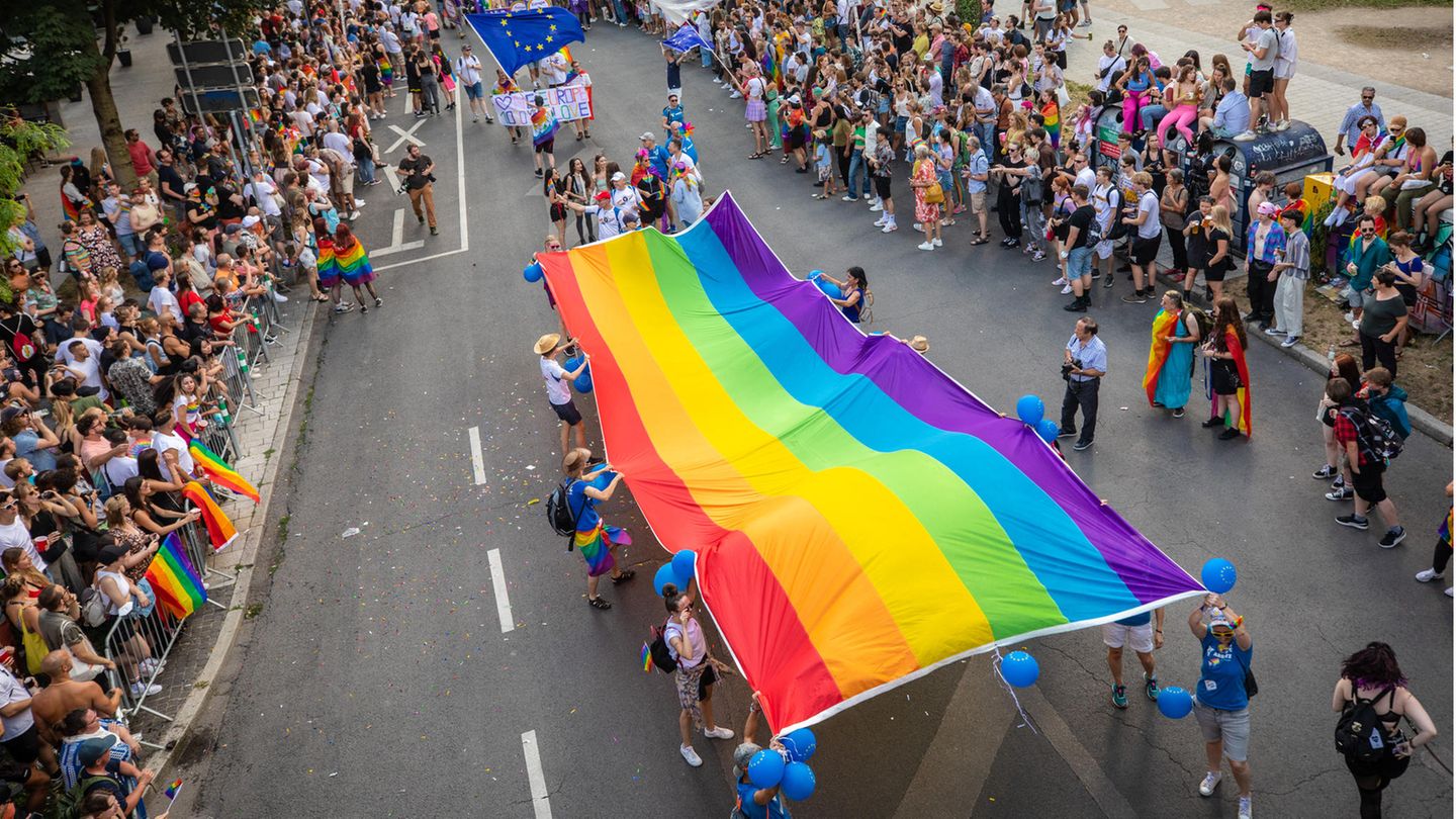 Zahlreiche Menschen nehmen an der Polit-Parade des Christopher Street Days (CSD) in Stuttgart teil
