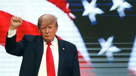 Donald Trump hält die geballte Faust hoch vor US-Flagge