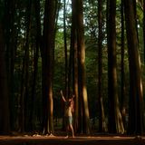 Eine Frau steht mit ausgestreckten Armen im Wald.