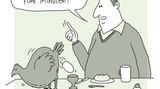 Fünf Minuten - solange braucht das ideale Frühstücksei nach dem Geschmack vieler Menschen. Dieser Mann nimmt es in dem Cartoon von Flemming mit der Zeitangabe sehr genau - sehr zum Ärger des Huhns.