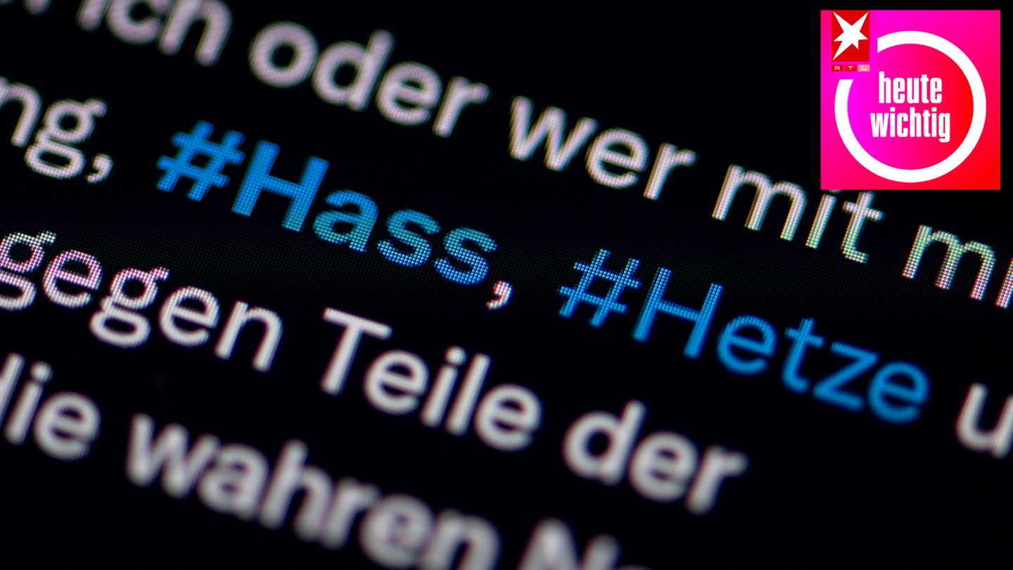 Auf dem Bildschirm eines Smartphones sieht man die Hashtags Hass und Hetze in einem Twitter-Post