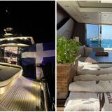 Die Jacht "Zeus" bei Nacht und ein Ausblick auf das Meer von Innen