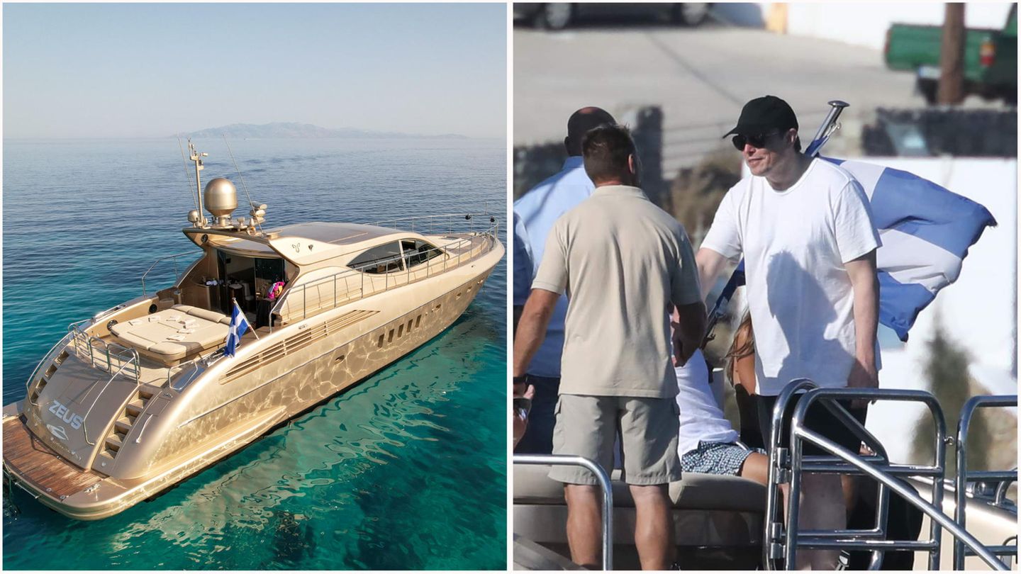 Eine Außenansicht der Jacht "Zeus" und ein Bild von Elon Musk, wie er an Bord des Schiffes geht