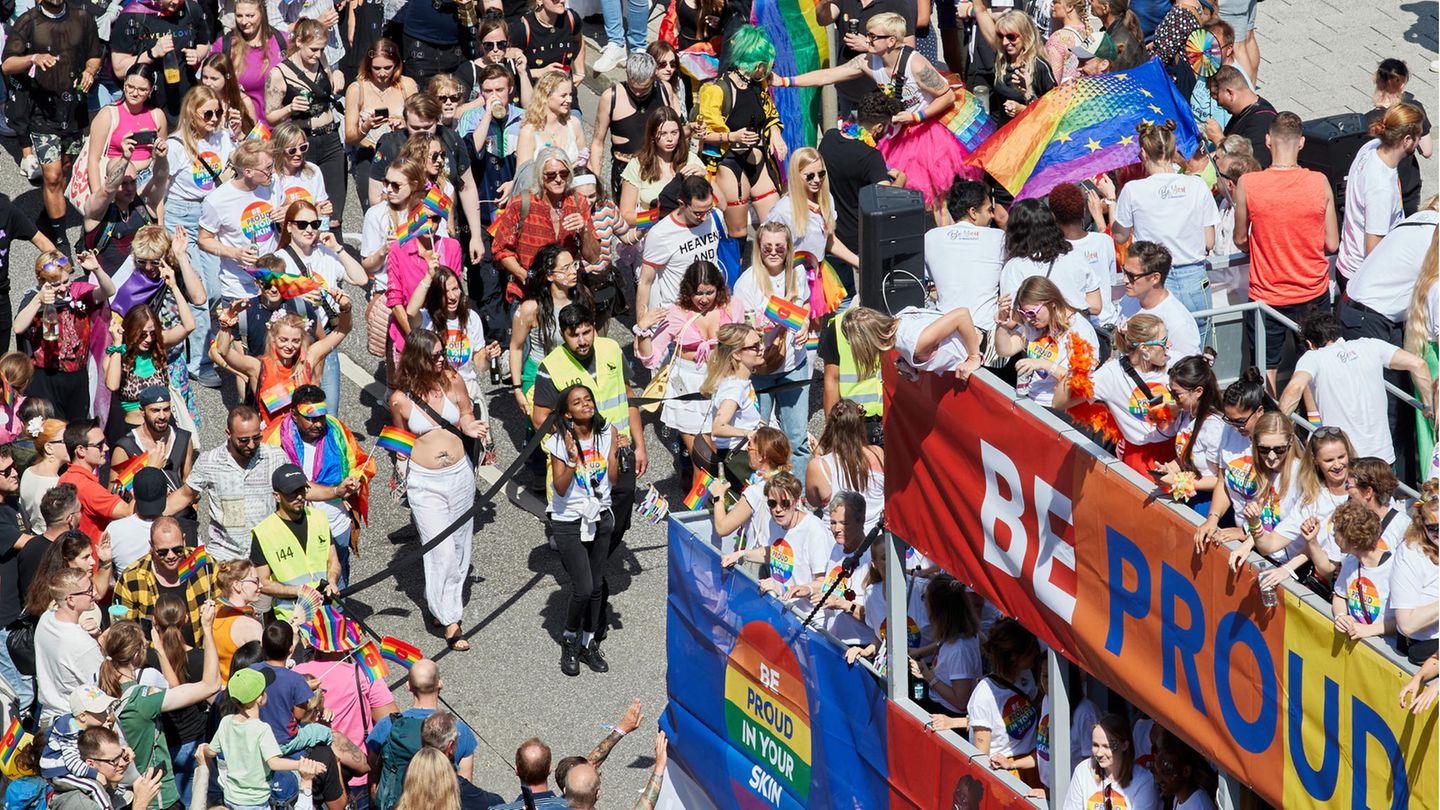 Viele der Teilnehmer:innen schwenken dabei die Regenbogenflagge – oder tragen sie als Kleidung oder Accessoire