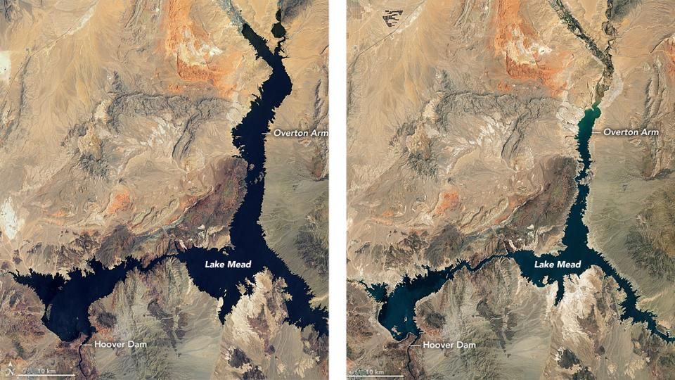 Lake Mead: Satellitenbilder der Nasa zeigen den See am 6. Juli 2000 (links) und am 3. Juli 2022. Lake Mead: Satellitenbilder der Nasa zeigen den See am 6. Juli 2000 (links) und am 3. Juli 2022.