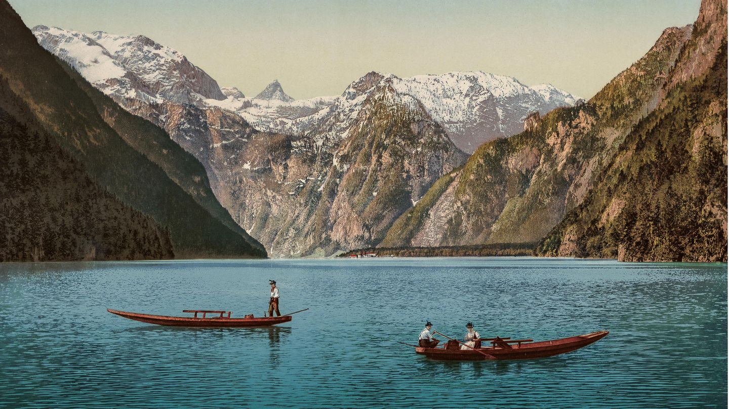 Ein bis heute klassisches Motiv: der Königssee bei Berchtesgaden mit Blick zur Wallfahrtskirche St. Bartholomä