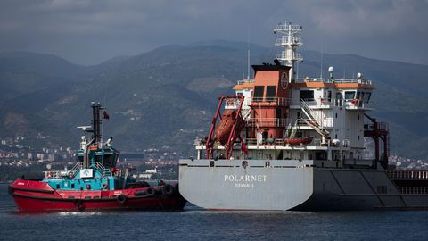 Das Frachtschiff "Polarnet" erreicht den Hafen von Derince im Golf von Izmit