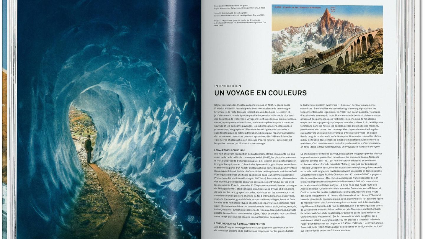 Das Layout dieser Doppelseite greift auf verschiedene visuelle Elemente zurück, wie Fotografien oder alte Postkarten. Alle Texte und Bildlegenden sind auf Deutsch, Englisch und Französisch.