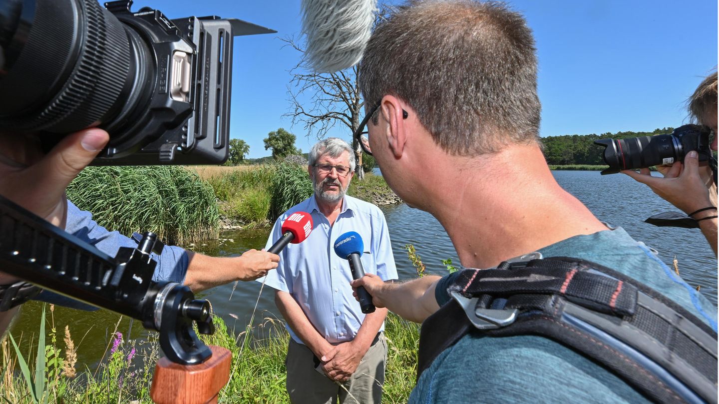 Deutsch-polnischer Grenzfluss: Nach Angaben von Brandenburgs Umweltminister Axel Vogel (im Bild) weist die Oder "sehr stark erhöhte Salzfrachten" auf. Das sei "absolut atypisch", sagte der Grünen-Politiker am Freitagabend. Vogels Ministerium erklärte, die gemessenen Salzfrachten könnten im Zusammenhang mit dem Fischsterben stehen. "Nach jetzigen Erkenntnissen wird es jedoch nicht ein einziger Faktor sein, der das Fischsterben in der Oder verursacht hat", hieß es in einer Mitteilung. Der Begriff Salzfrachten bezeichnet im Wasser gelöste Salze. Es handele sich um erste weitere Ergebnisse des Landeslabors Berlin-Brandenburg zu den Tagesproben, die bis zum Freitag an der automatischen Messstation in Frankfurt (Oder) entnommen wurden, erläuterte das Ministerium am Abend. Nach Angaben von Brandenburgs Umweltminister Axel Vogel (im Bild) weist die Oder "sehr stark erhöhte Salzfrachten" auf. Das sei "absolut atypisch", sagte der Grünen-Politiker am Freitagabend. Vogels Ministerium erklärte, die gemessenen Salzfrachten könnten im Zusammenhang mit dem Fischsterben stehen. "Nach jetzigen Erkenntnissen wird es jedoch nicht ein einziger Faktor sein, der das Fischsterben in der Oder verursacht hat", hieß es in einer Mitteilung. Der Begriff Salzfrachten bezeichnet im Wasser gelöste Salze. Es handele sich um erste weitere Ergebnisse des Landeslabors Berlin-Brandenburg zu den Tagesproben, die bis zum Freitag an der automatischen Messstation in Frankfurt (Oder) entnommen wurden, erläuterte das Ministerium am Abend.