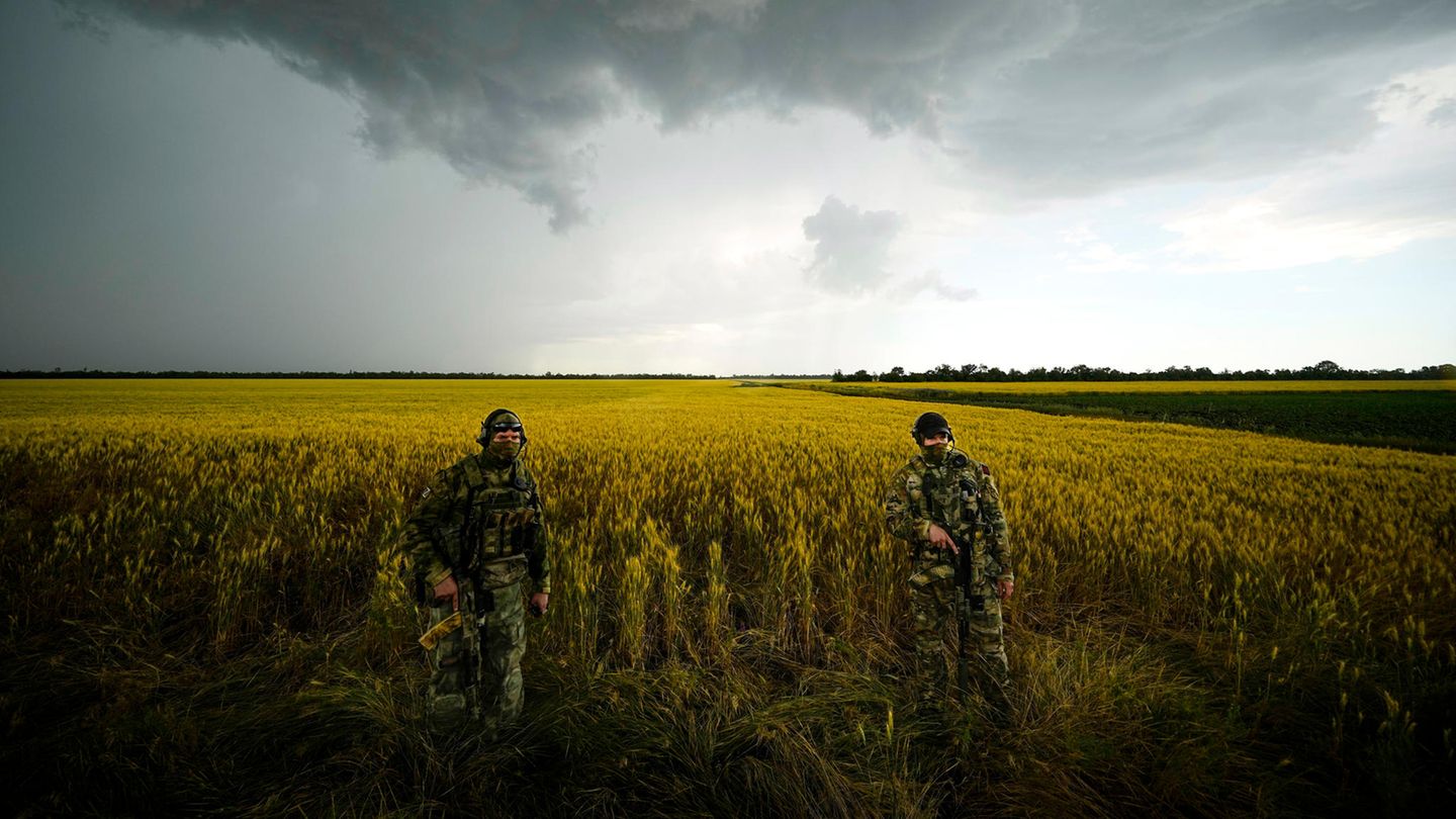 Ukraine: Russische Soldaten bewachen ein Weizenfeld in der Region Saporischschja.