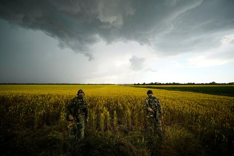 Ukraine: Russische Soldaten bewachen ein Weizenfeld in der Region Saporischschja.