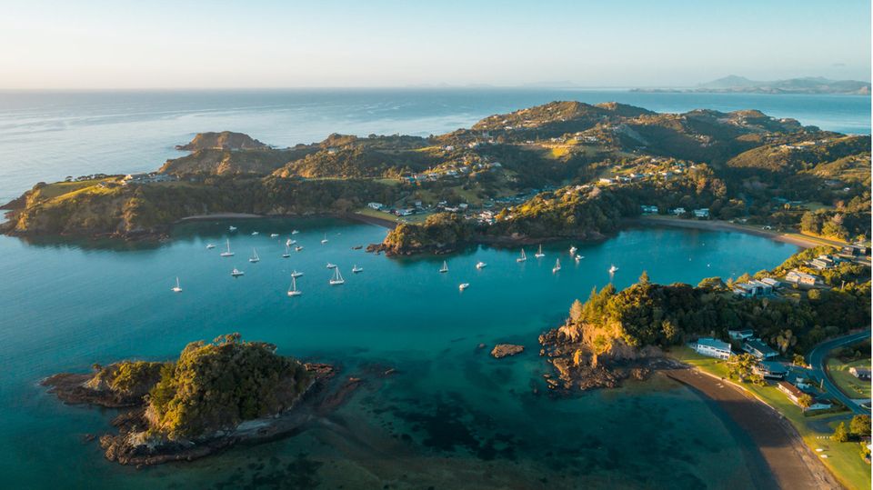 Neuseeland aus der Luft, Landschaft mit Bergen und Wasser