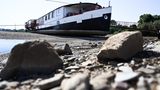 Ein Schiff wird kommen? Dieses wohl in den nächsten Tagen nicht mehr. Trockengefallen liegt dieser Kahn zwischen den Rhein-Buhnen bei Düsseldorf.