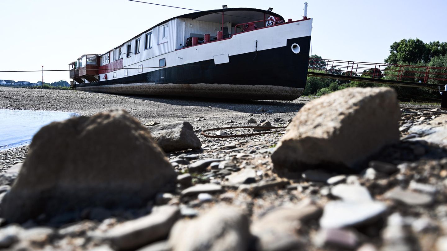Ein Schiff wird kommen? Dieses wohl in den nächsten Tagen nicht mehr. Trockengefallen liegt dieser Kahn zwischen den Rhein-Buhnen bei Düsseldorf.