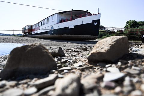 Ein Schiff wird kommen? Dieses wohl in den nächsten Tagen nicht mehr. Trockengefallen liegt dieser Kahn zwischen den Rhein-Buhnen bei Düsseldorf.