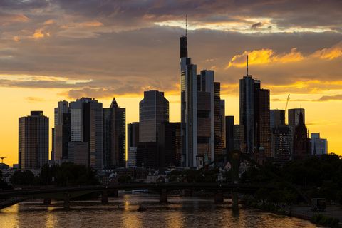 Die Bankensykline in Frankfurt im Abendlicht