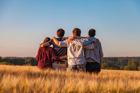 Vier Freunde stehen Arm in Arm auf einem Feld.