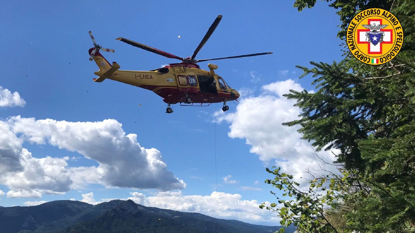 Ein grüner Hubschrauber fliegt über einem Berghang mit Tannen