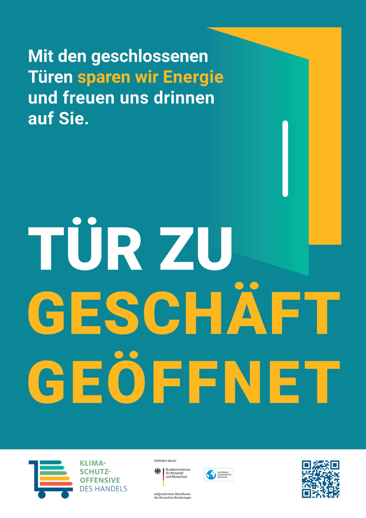 Tür zu, Licht aus – Plakate erklären Energiesparmaßnahmen in Geschäften