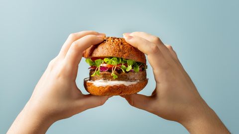 Zwei Hände halten einen vegetarischen Burger