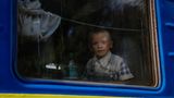 Junge auf dem Bahnhof von Udachnoe wird per Zug aus der Region Donbas in den Westen des Landes evakuiert.