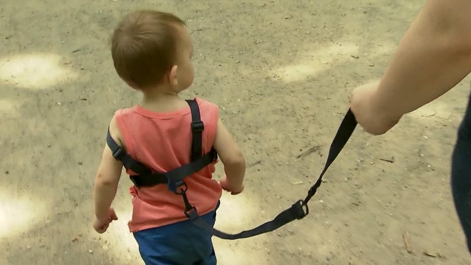 Debatte um Kinder-Erziehung: Kind wird an Leine über Spielplatz geführt