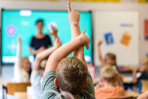 Schüler sitzen im Klassenraum vor ihrer Lehrkraft