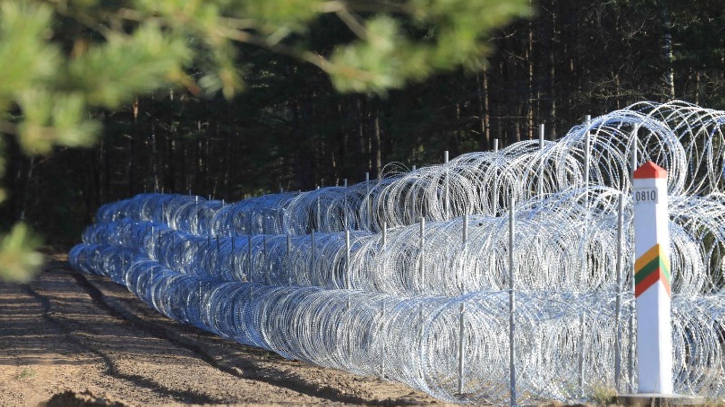 Der Stacheldrahtzaun an der litauisch-belarussischen Grenze. Litauen hat den 550 Kilometer langen Zaun fertiggestellt. 