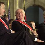 George Bush (l-r), Michail Gorbatschow und Helmut Kohl