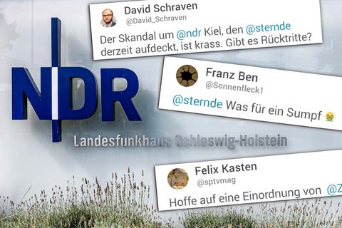 Das NDR-Logo ist an der Einfahrt zum Landesfunkhaus Schleswig-Holstein auf einer Glasplatte angebracht.