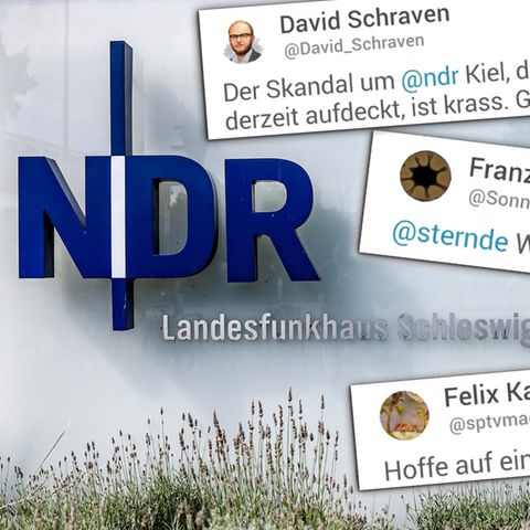 Das NDR-Logo ist an der Einfahrt zum Landesfunkhaus Schleswig-Holstein auf einer Glasplatte angebracht.