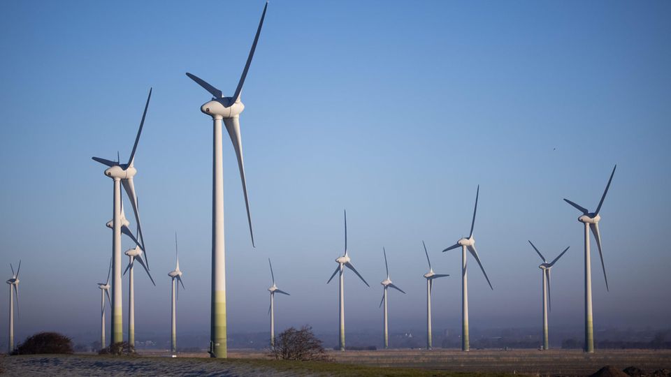 Windräder stehen auf einem Feld im Sönke Nissen Koog nahe der Nordsee bei Bordelum