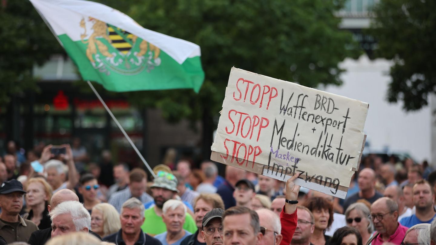 Was den Ukraine-Krieg angeht, scheinen Reichte und Linke ungefähr auf einer Wellenlänge zu sein. Allerdings ging es den Demonstranten der "Freien Sachsen" noch um etwas mehr – wie dieses Plakat zeigt