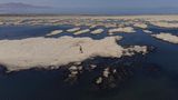 USA: Ein Mann spaziert über riffartige Strukturen, die durch zurückweichendes Wasser im Großen Salzsee freigelegt wurden