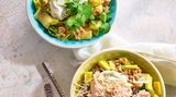 Anne Fleck: Lauch-Linsen-Pfanne mit Limetten-Sojaquark