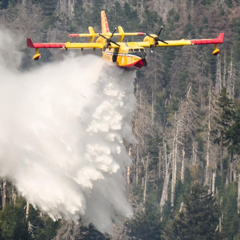 Ein italienisches Löschflugzeug hilft bei einem Waldbrand am Brocken aus